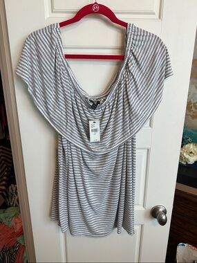 Lane Bryant Gray & White Striped Off-Shoulder Tunic